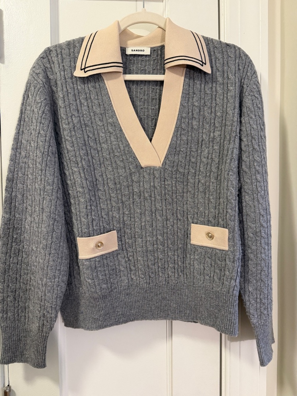 Sandro Grey Cable-Knit V-Polo Sweater with Cream Trim